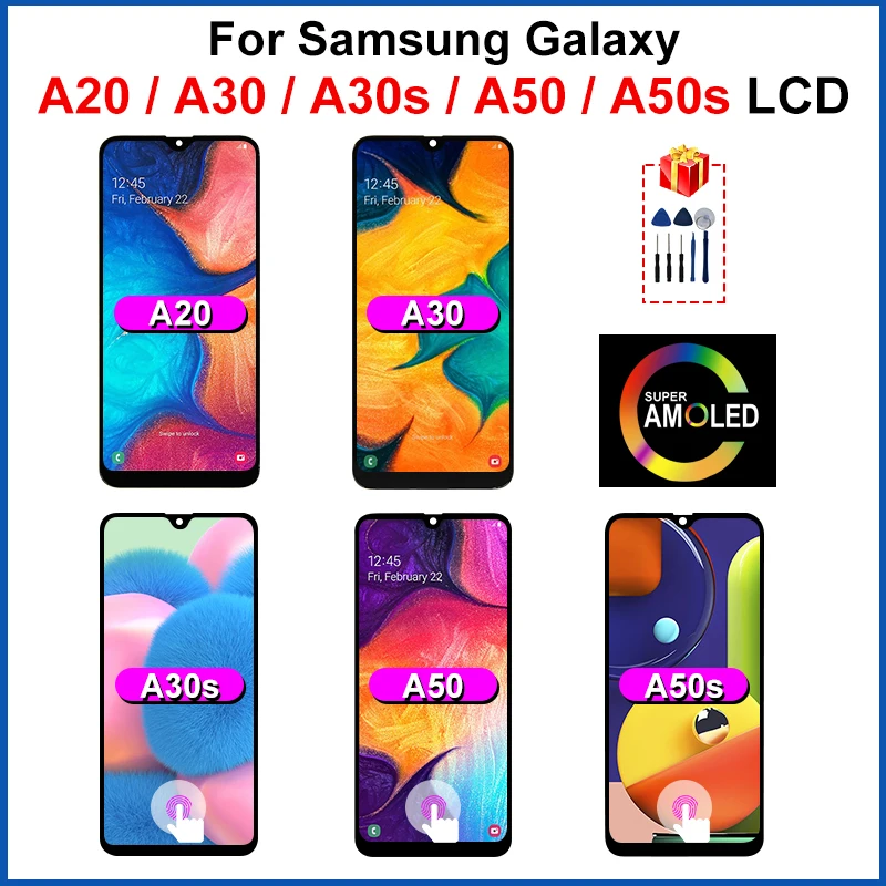 

NEW2022 AMOLED For Samsung Galaxy A20 LCD A30 Display A50 LCD A50S A30S Screen For A205F A305F A307F A505F A507F Touch Screen