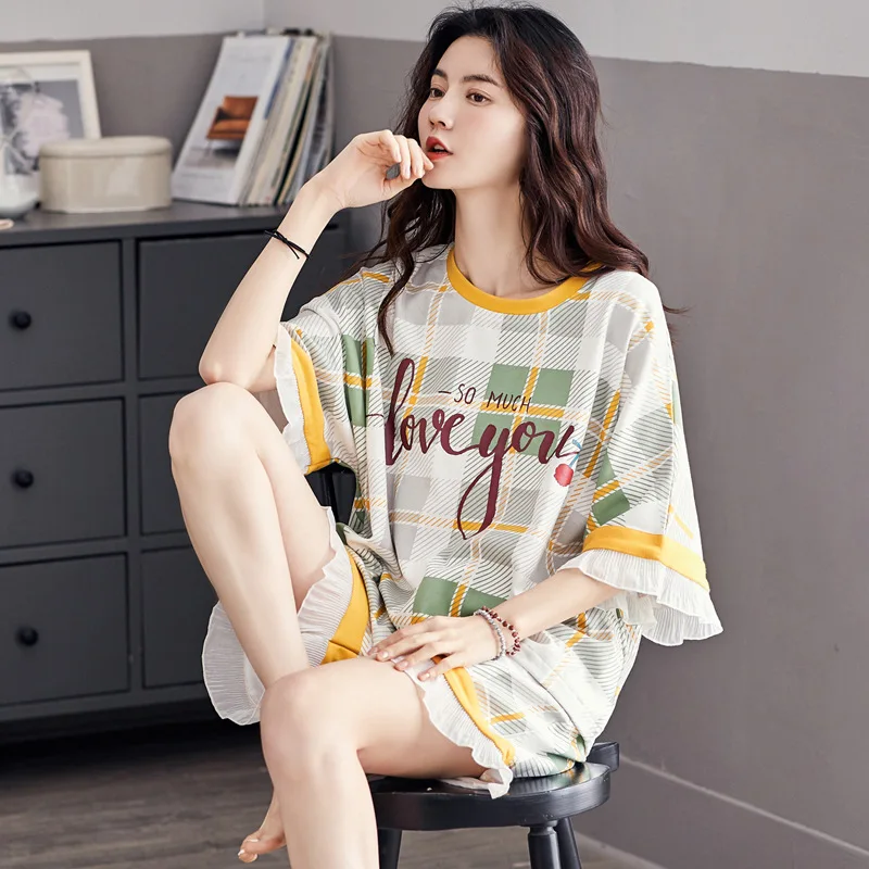 

Summer Cotton Women Pajama Set Sweet Puff Sleeve Sleepwear Women Cartoon Tomato Pattern Sleep Tops Plus Size Short Pant Homewear