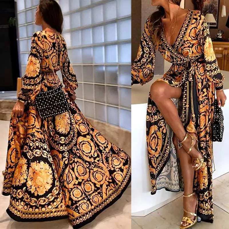 

Womens Boho V-Neck Printed Sundress Long Maxi Dress for Summer SWD889