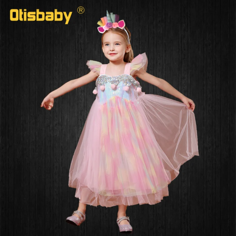 A Комплект из 3 предметов для девочек; Радужное платье с единорогом; Bebe; Розовая Одежда с лошадью; Детский костюм радужной пони на Хэллоуин; платье для дня рождения для маленьких девочек - Цвет: A