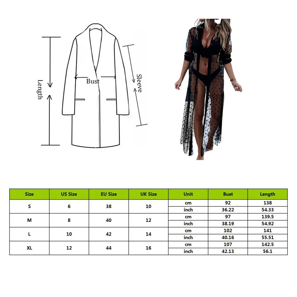 

Woman's Polka Dot Beach Smock Sexy Lapel Long Sleeve Mesh Perspective Cover Up for Daily Life and Vacation