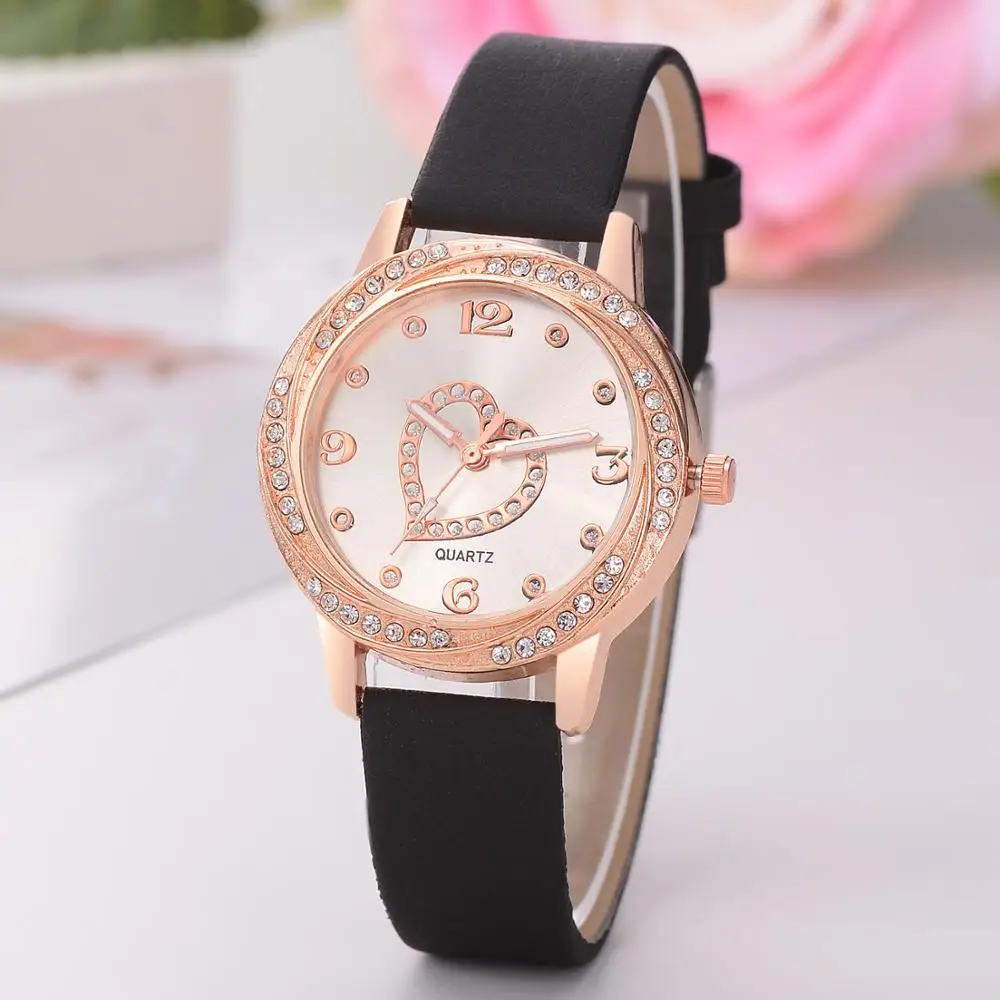 

Women Watch Fashion Love Leather Band Analog Quartz Rhinestone Round Wrist Watches Elegant Party With Rhinestone Gift Clock
