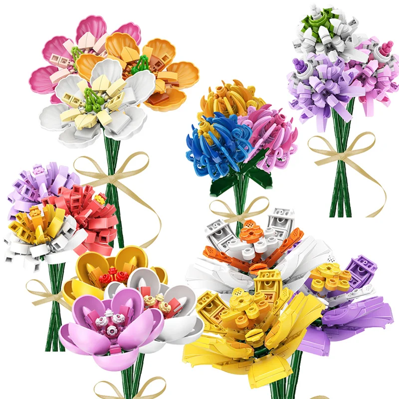 

New Crocus Michelia Hibiscus Camellia Bouquets Building Blocks MOC Flowers Plants Accessories Bricks Kids DIY Educational Toys