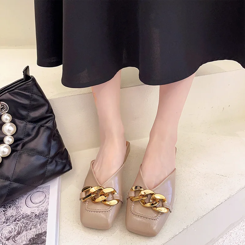 

Square heel Shoes Woman's Slippers Rivet Luxury Slides Cover Toe Female Mule Low Block 2021 Designer Mules Scandals Metal Decora