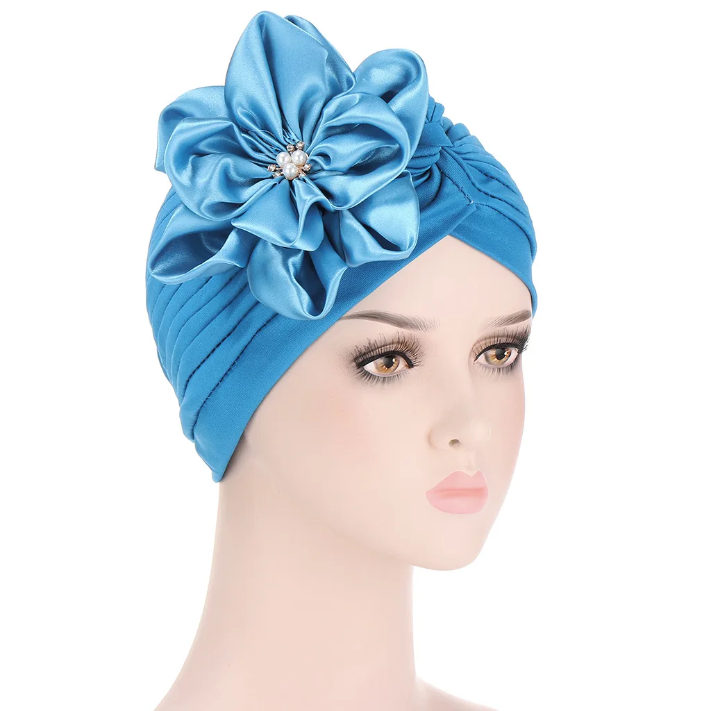 

Fashion Women Diamonds Flower Turban Cap Soild Color Muslim Headscarf Bonnet Inner Hijabs Arab Head Wraps Indian Hat