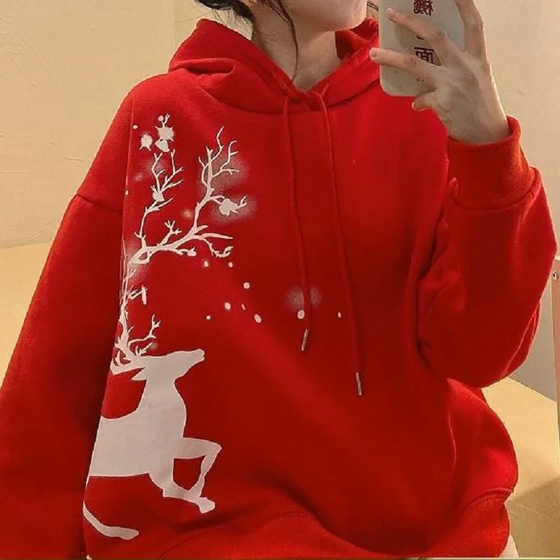 

Корейская мода Deeptown, красная Рождественская Толстовка, Женская кавайная Толстовка Оверсайз с принтом, женские свитшоты в стиле Харадзюку н...