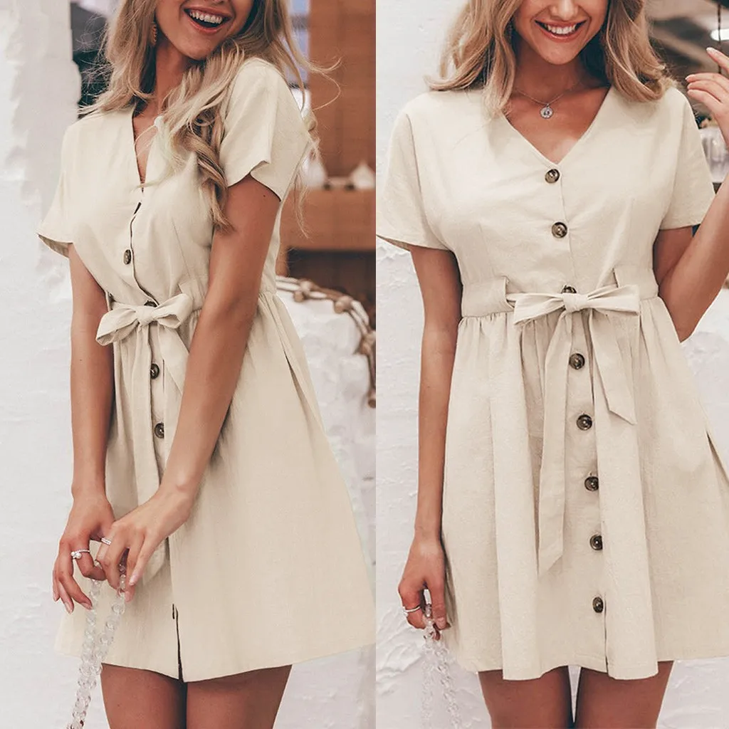 Женское однобортное платье SAGACE повседневное однотонное мини с коротким рукавом