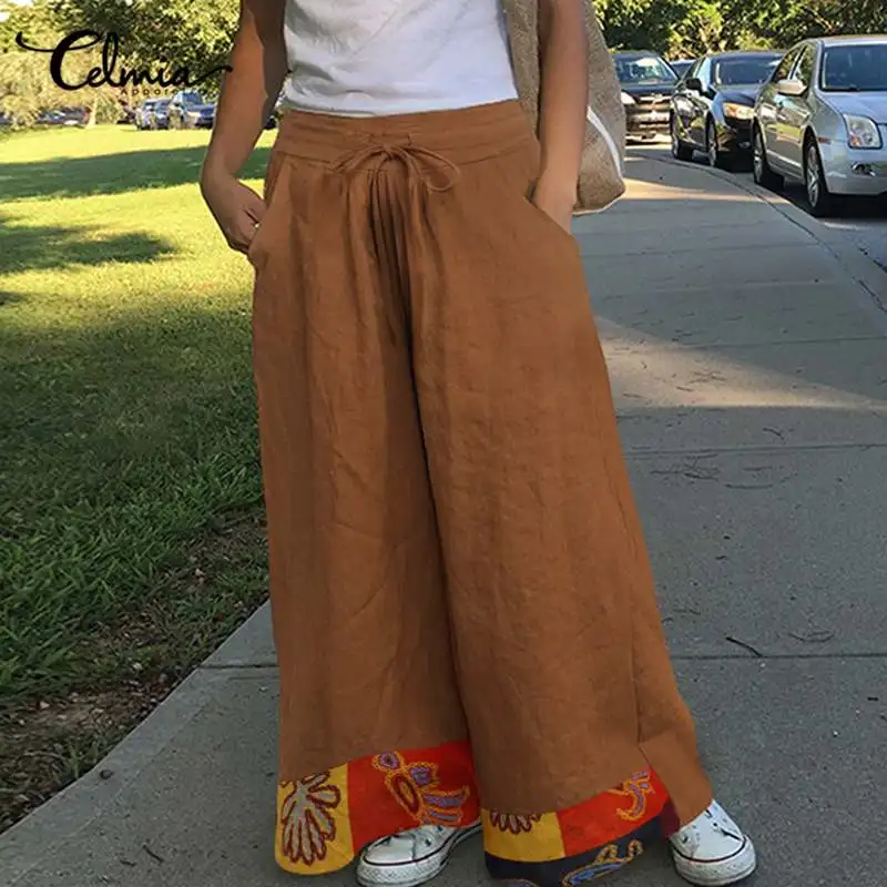 

Celmia Women Casual Loose Wide Leg Pants 2021 Fashion Elastic High Waist Printed Patchwork Trousers Vinatge Cotton Pantalon