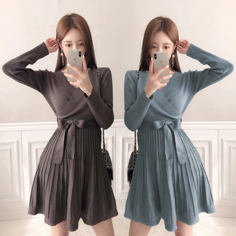 

knit mini A line Sexy Dress one piece korean ladies autumn winter long Sleeve cabaret party Dresses for women