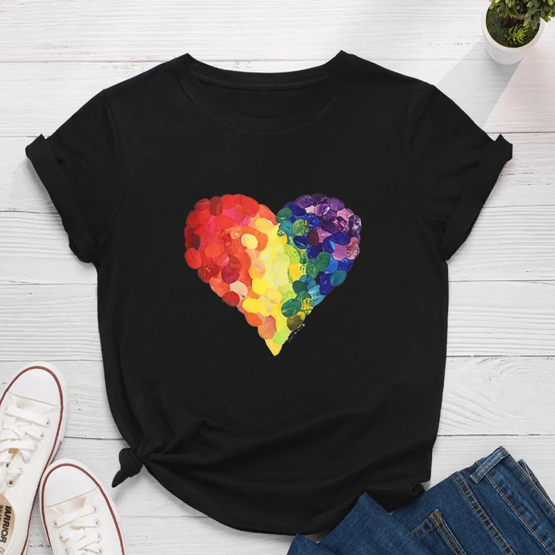 

Elimiiya Summer Plus Size Women Round Neck Colorful Love Printed Short-sleeved T Shirt Graphic Tee Basic Tshirt Women's Tops