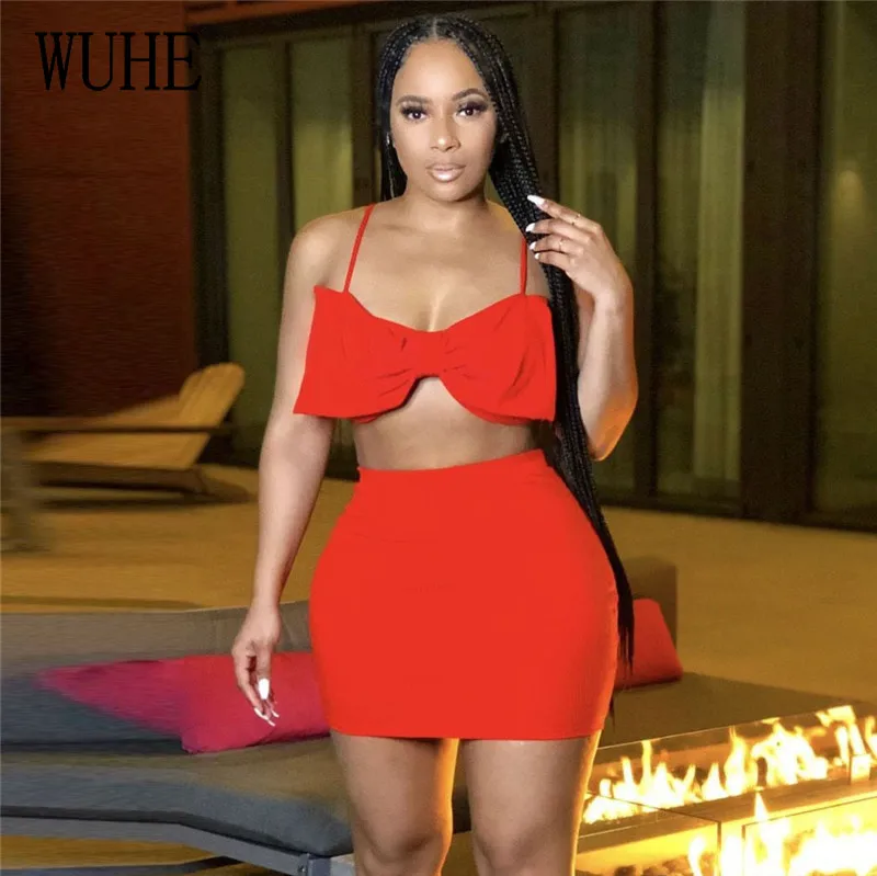 

KEXU Bow Spaghetti Strap Sexy Summer Dress Two Pieces Set Women Off Shoulder Strapless Backless Bodycon Mini Club Party Dress