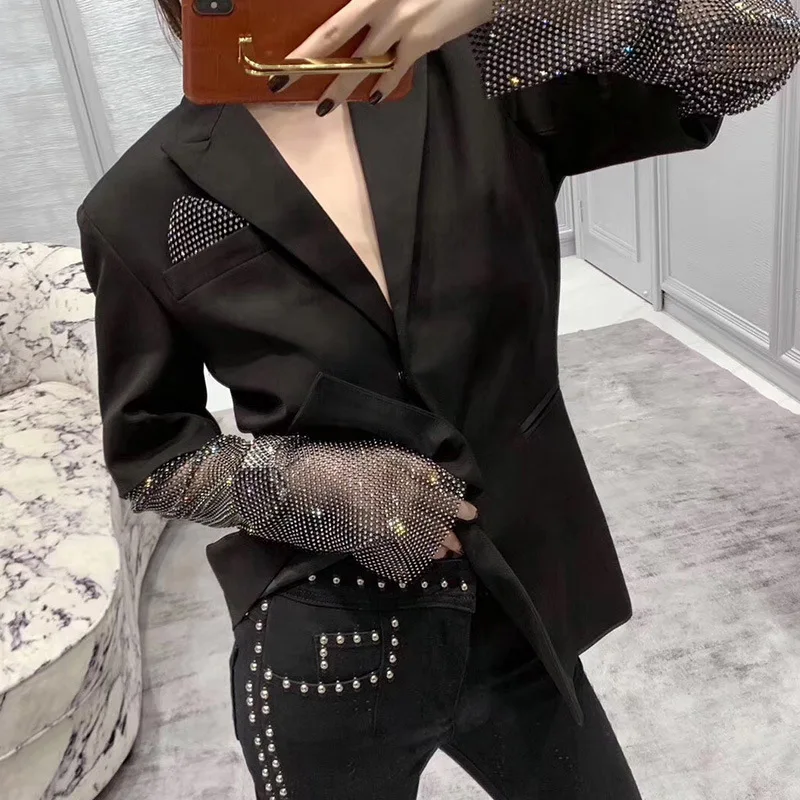 EWQShiny хит алмазный длинный рукав Прошитый Блейзер пальто свободный модный тренд