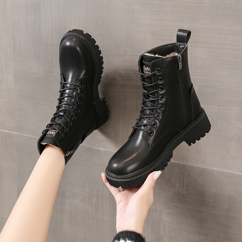 

2021 Autumn and Winter New Solid Color Lace-up Thick-soled Waterproof Women's Boots Comfortable Outdoor Non-slip Martin Boots