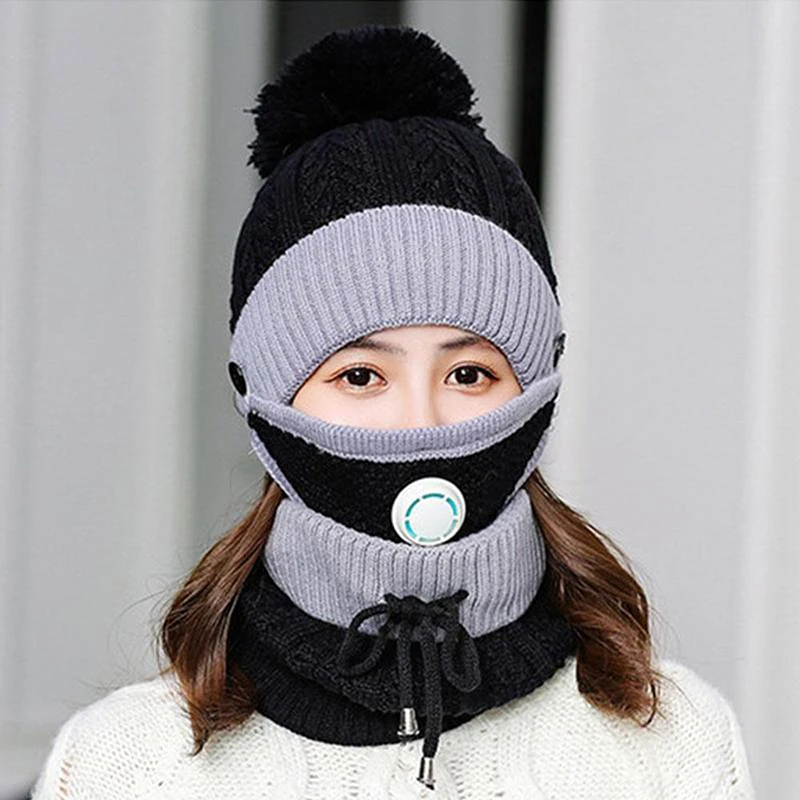 

3 Pcs/set Winter Knitted Hats For Women With Breathing Mask Hat Winter Fur Add Warm Girl 2in1 Lined Hat Protective Cap Fashion