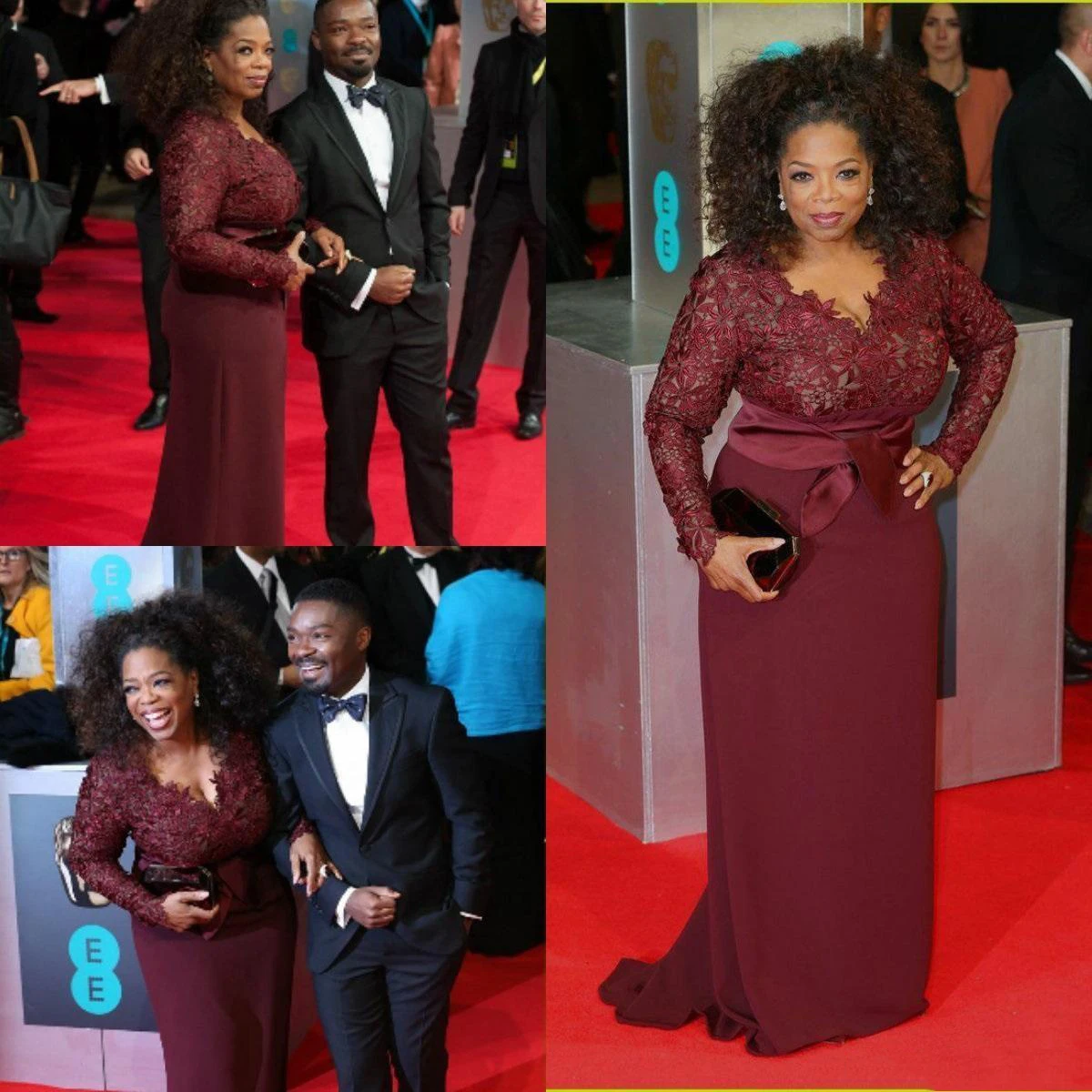 

Oprah Winfrey Burgundy Evening Dresses Long Sleeves Sexy V-Neck Sheer Lace Sheath Plus Size Celebrity Red Carpet Gow