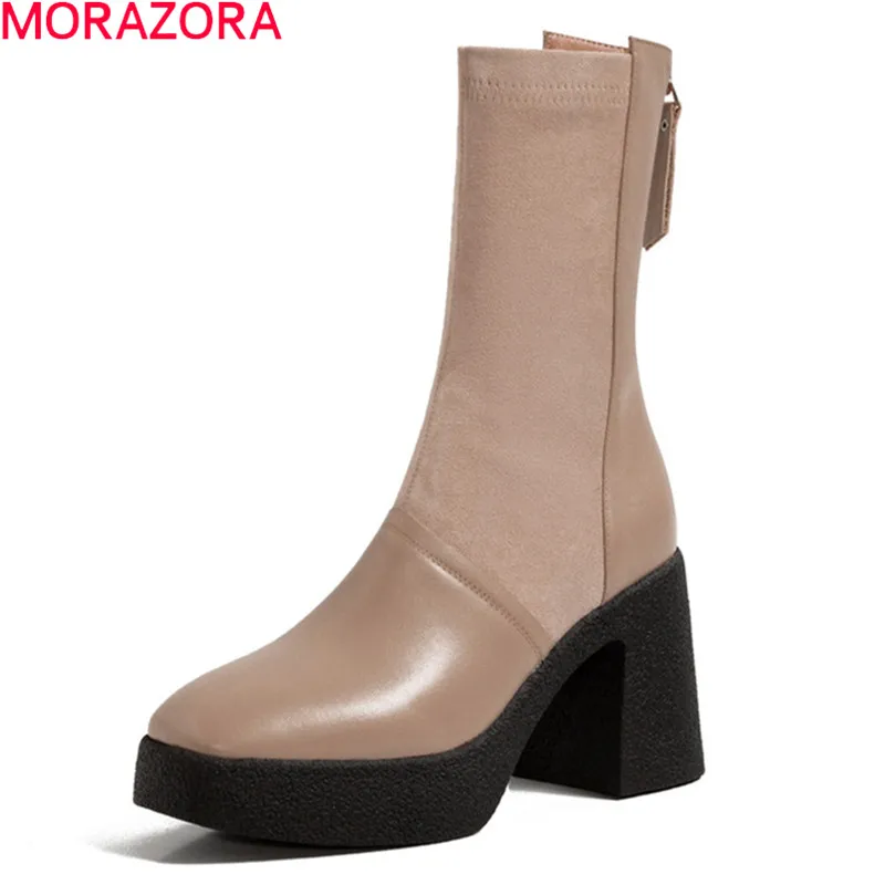 

MORAZORA 2020 New Brand women boots genuine leather boots extreme high heels square toe platform ankle boots ladies shoes