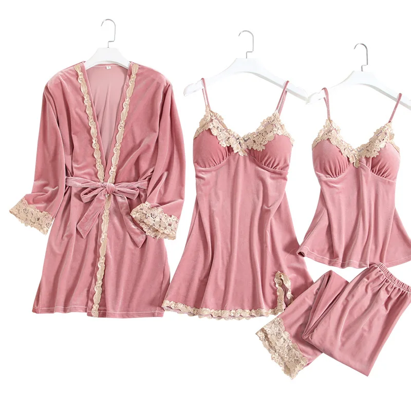 

Velour Kimono Bathrobe Gown Sexy Home Clothes Velvet Intimate Lingerie Pijamas Women 4PCS Sleepwear Soft Lace Pajamas Set