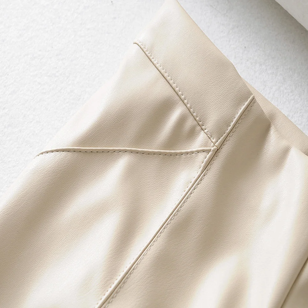 

2021 Fashion Autumn Winter Women Faux Leather Trousers Lady Black Beige Fleece PU Zippers Skinny Stretch Pencil Pants