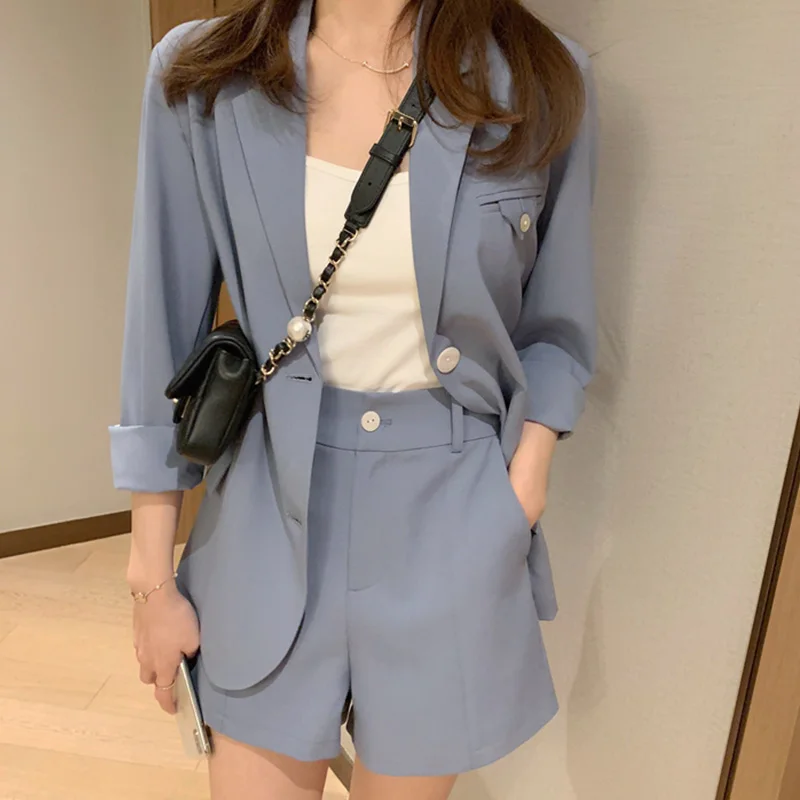 

2021 New Women's Blazer Two Piece Suit Set Double Breasted Blazer Jacket Autumn Ladies Formal Suit