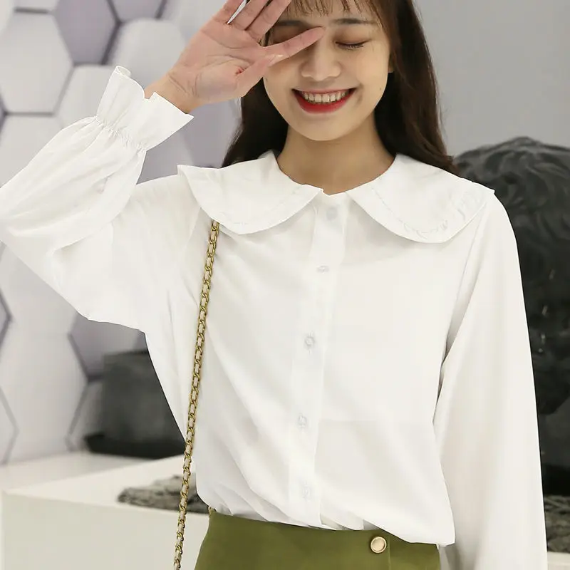 

2020 White Blouse Women Long Sleeve Cotton Womens Tops and Blouses Sweet Peter Pan Collar Girl Blusas Mujer De Moda K138
