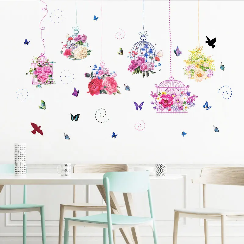 

Pastoral style Butterfly Flower Bird cage wall Sticker Living room bedroom decorations wallpaper Mural Removable stickers