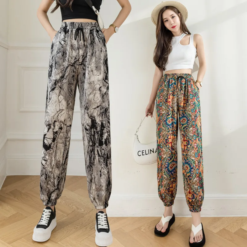 

Limiguyue Summer Print Pants Women Chiffon Trousers Pockets Drawstring Tunic Wide Leg Pants Harem Ankle Pantalones Femme K2332