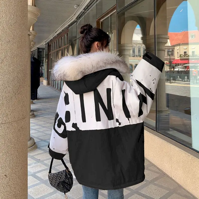 

Parka Women Winter Jacket Fashion Big Fur Collar Hooded Down Jackets Female Warm Overcoat Size Loose Cotton Padded Coat Yes