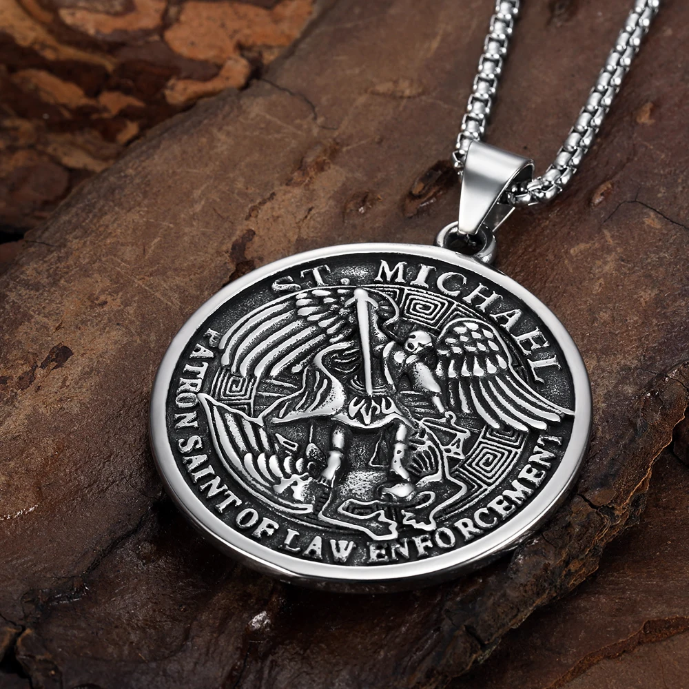 

Винтажное круглое ожерелье Paladin Angel подвеска с Майклом подвеска в стиле панк мужское христианское ожерелье из нержавеющей стали ювелирные и...