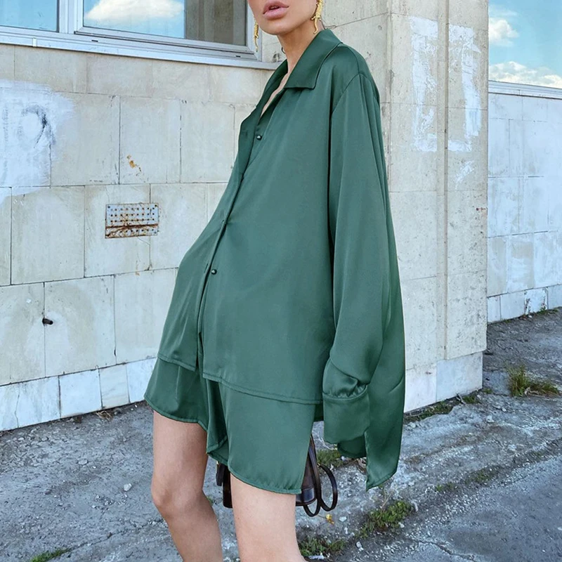 

ONEINALL Casual Two Piece Set For Women Lapel Long Sleeve High Waist Short Trousers Females Loose Suits 2021 Summer New Clothing