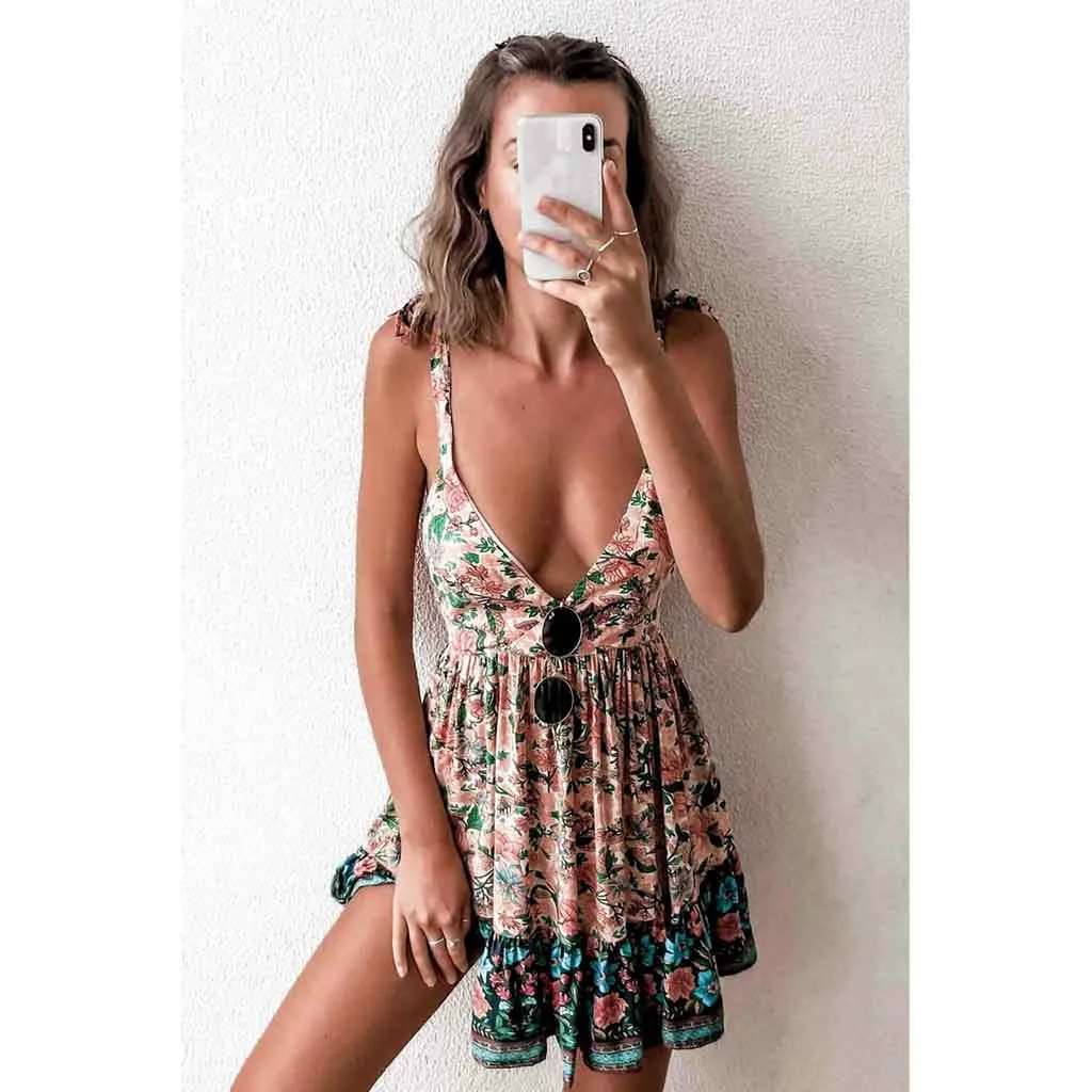 

Women Holiday Style Sexy Solid Sleeveless Casual Mini Dress Boho Floral Mini Dresses Female Summer Holiday Sundress #25