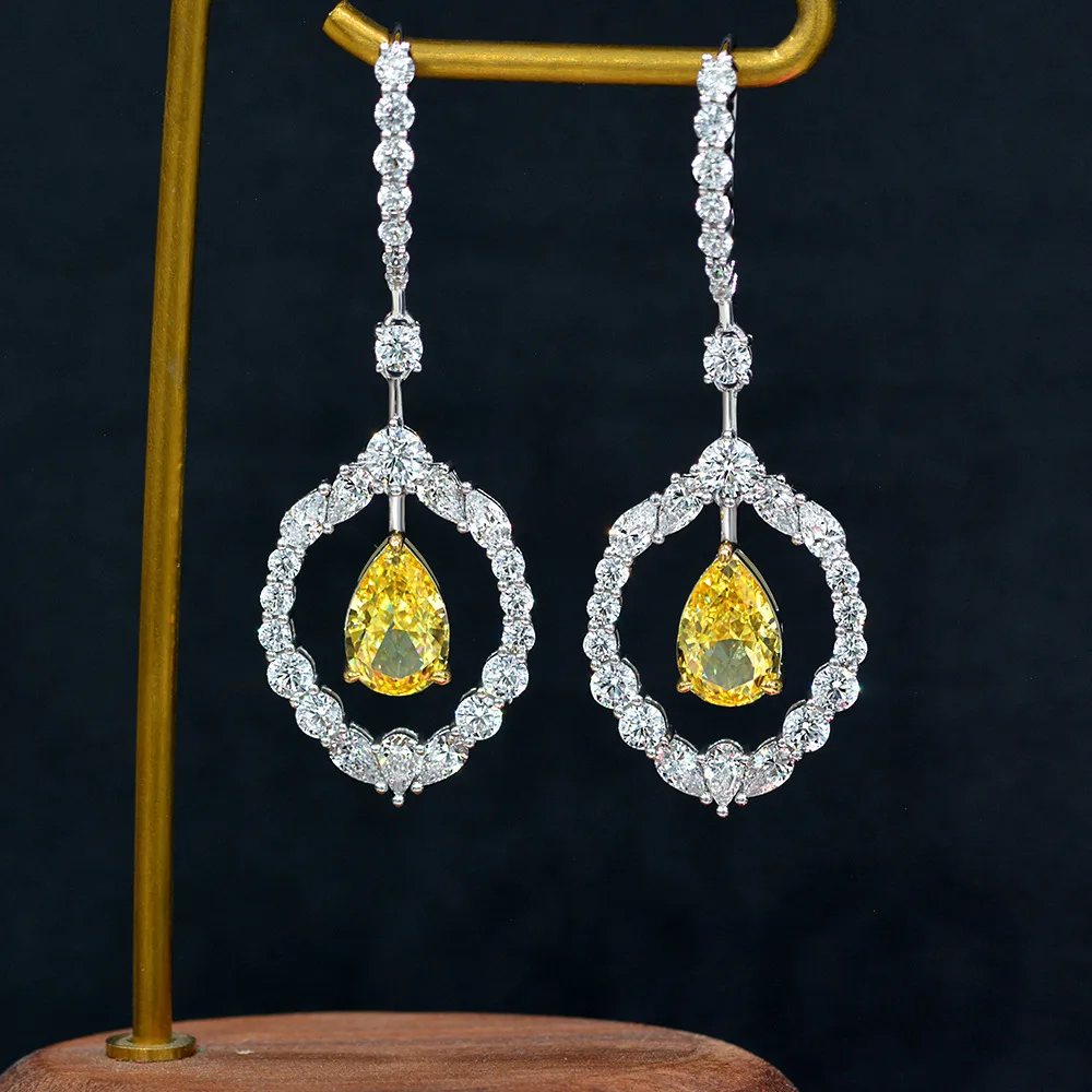 

Luxury 925 Sterling Silver Pear Cut Created Moissanite Citrine Gemstone Party Long Ladies Dangle Earrings Studs Fine Jewelry