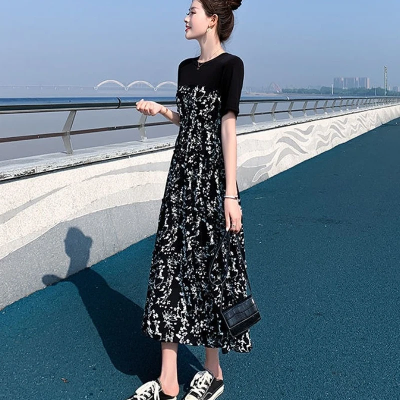 Платье женское, до середины икры, с принтом, повседневное, летнее, дышащее, черное, мягкое, А-силуэт, студенческое, новая мода, универсальное платье на любой случай, летнее платье для отдыха.