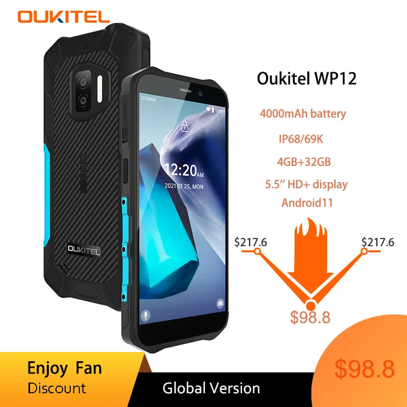 

OUKITEL WP12 2021 Android 11 IP68 Waterproof Rugged Mobile Phone 5.5'' HD+ 4GB RAM 32GB ROM MT6761D 4000mAh Smartphone NFC