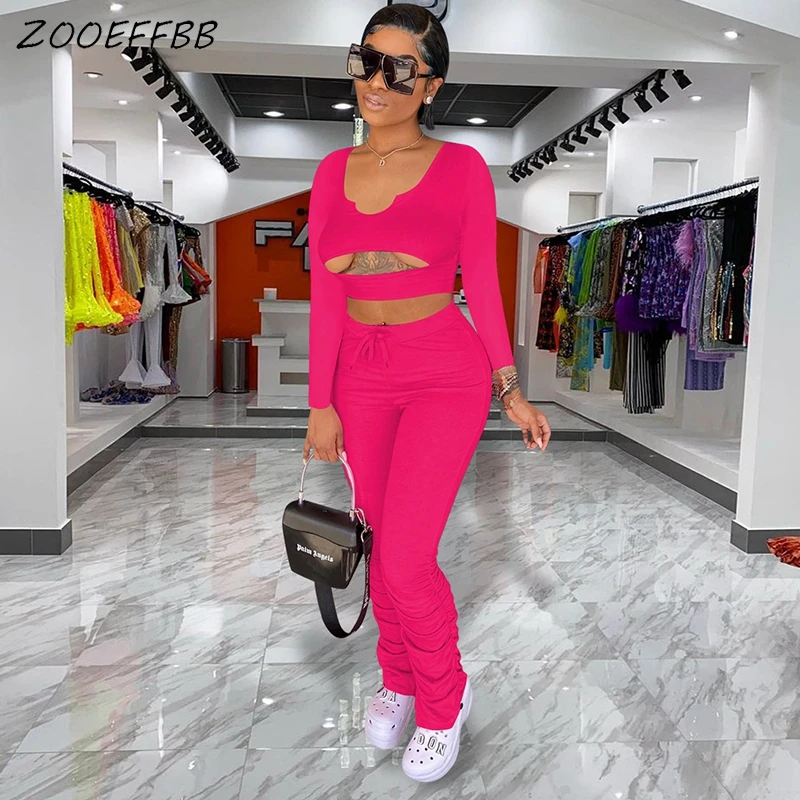 

Пикантный комплект ZOOEFFBB из двух предметов, укороченный Топ с длинным рукавом и вырезами, осенняя одежда со штанами, спортивные костюмы для ж...