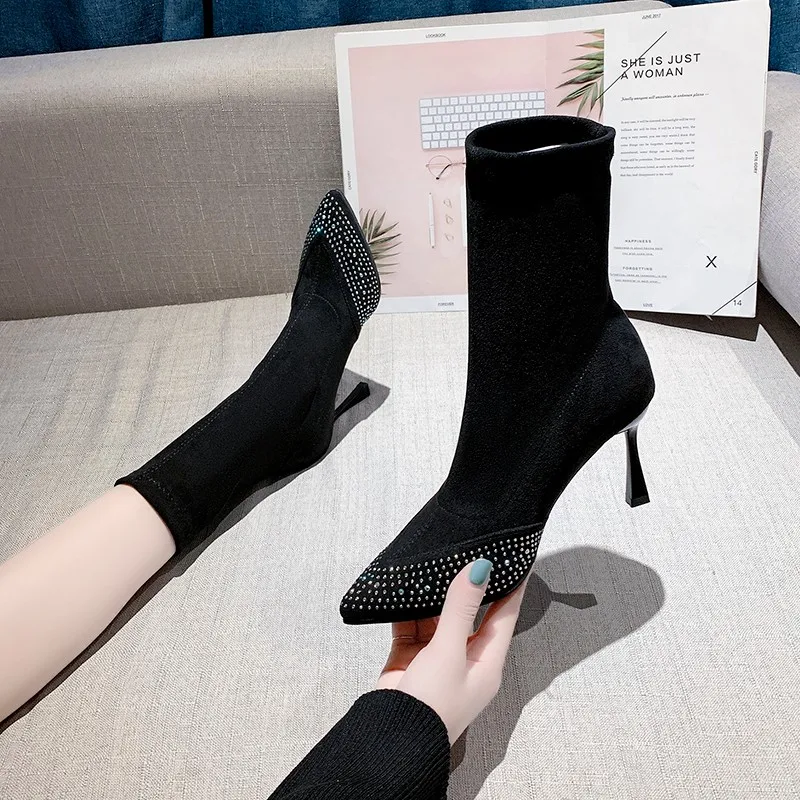 Women Boots Corduroy Butterfly-knot Boots Sexy High Heels Party Shoes Winter plus velvet Keep Warm Female Boots zapatos de mujer