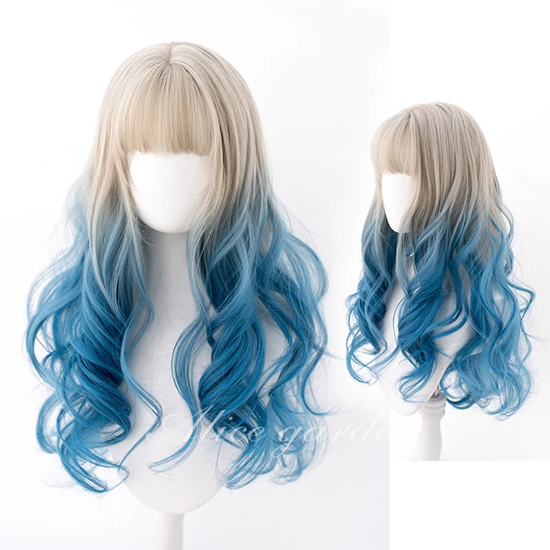 

Dyed Gradient Grey Beige Blue Kawaii Lolita Wig Harajuku 60cm Long Curly Hair Wavy Chic Girls Women Princess Cosplay Daily Wear