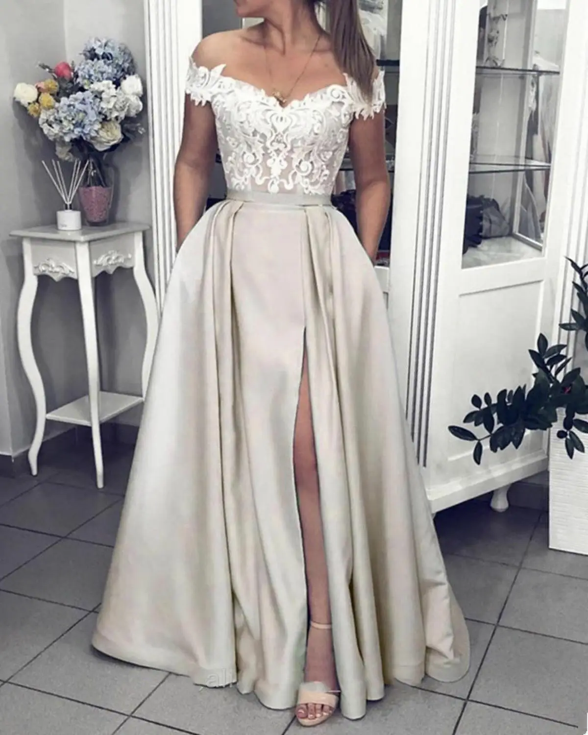 Prom Dresses 2020 A Line Quinceanera Sexy Split Formal Evening Party Gowns Short Sleeve Vestidos De Novia