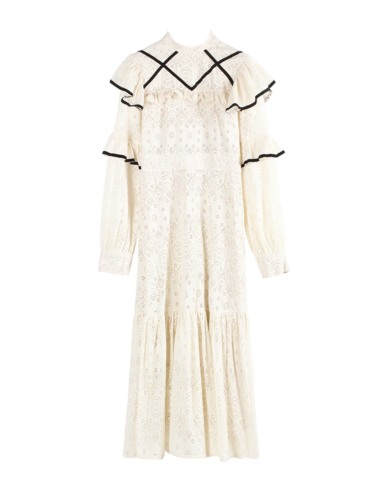 

Fashion Women 2021 Spring Summer Vintage Dress Full Sleeve Slim Lace Hollow Out Female Casual Mid Dress Mermaid Vestidos DS289