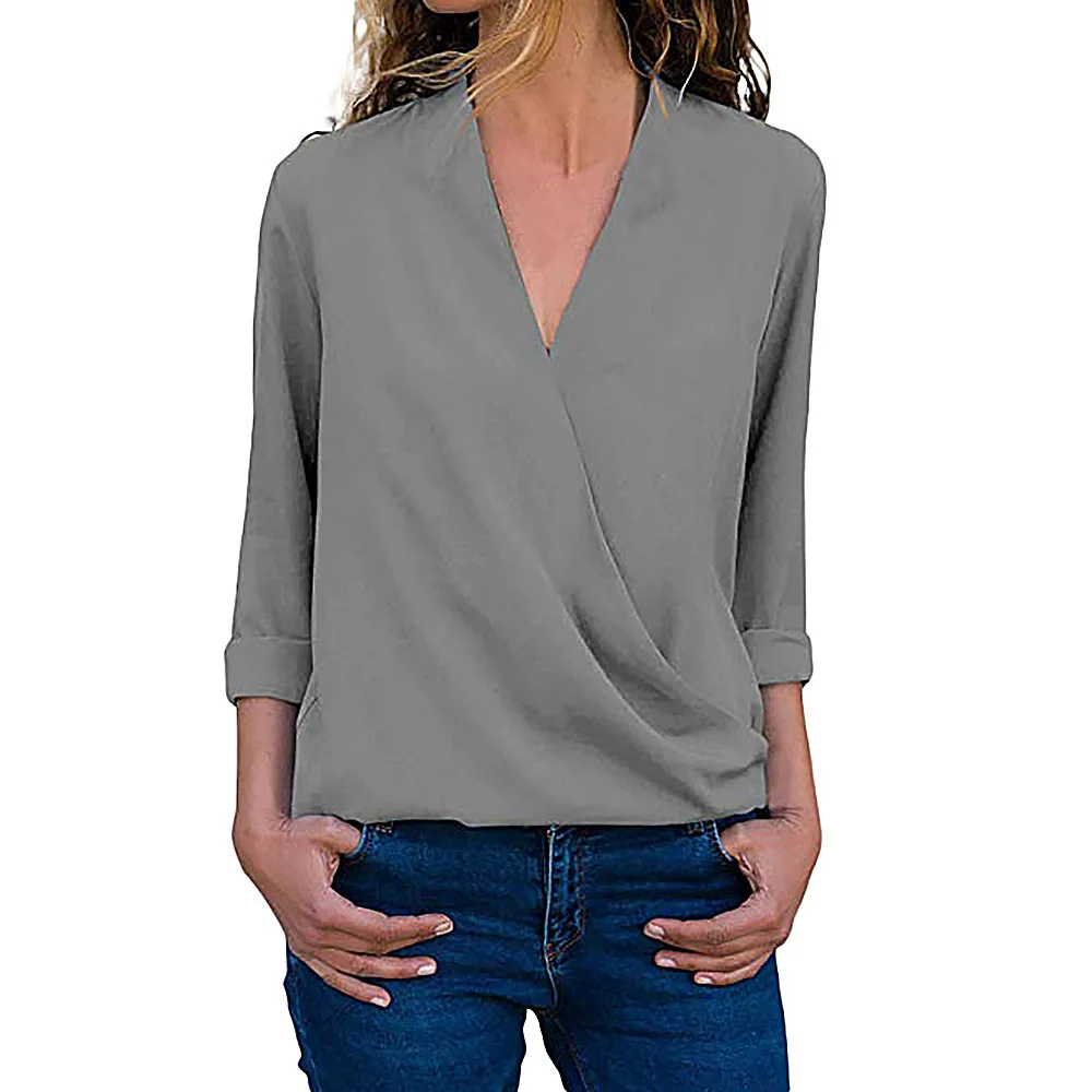 Осенние однотонные серые рубашки для женщин 2019 Новые Нерегулярные Шифоновые