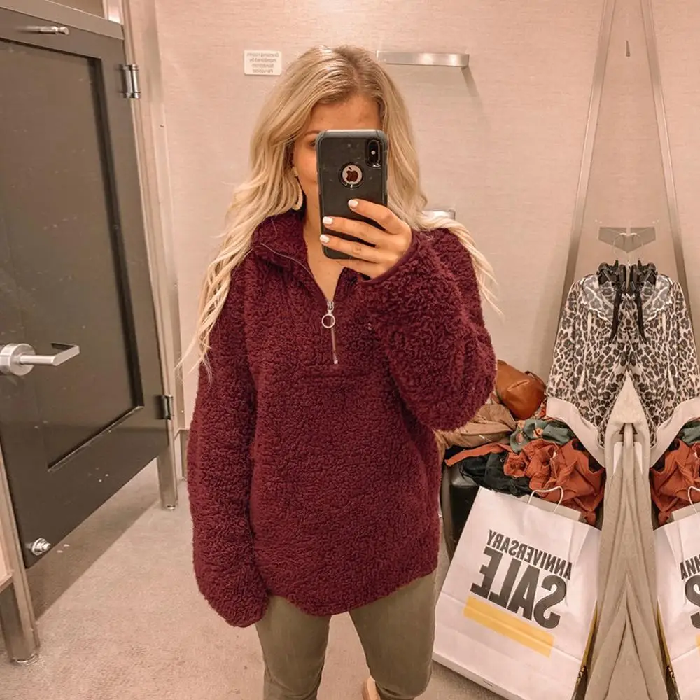 

Unique Nature Womens Sherpa Hoodie Sweatshirts Faux Fur Pullover Luxury Zip Up Tops High Quality Wam Lightweight Pullover