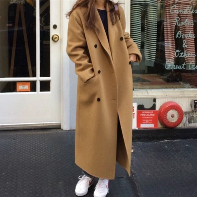 

Korean Version Women Winter Long Wool Coat Female Woolen Overcoat Long Sleeve Double Breasted Outerwear Loose 2021 NEW