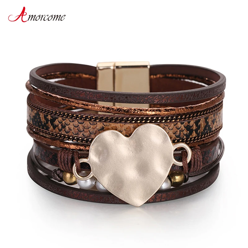 

Amorcome Handmade Love Heart Leather Wrap Bracelet for Women Girls Leopard Snake Pattern Magnetic Buckle Cuff Bracelets HOT