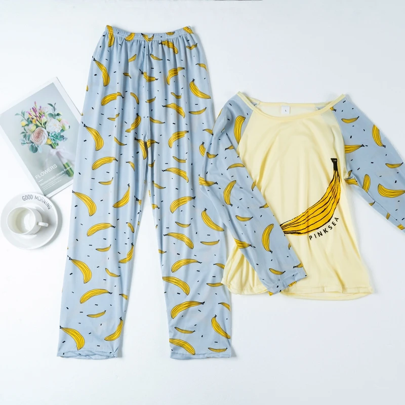 Spring / Summer New Sleepwear Cotton Long-sleeved Trousers Ladies Pajamas Suit Simple Style Women Long Pajamas
