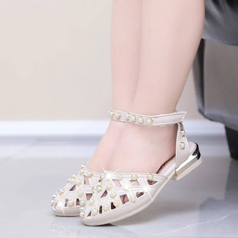 Girls Sandals 2020 Summer New Small High-heeled Children Kids Soft Bottom Hollow Pearl Student Princess Banquet Dance Show Shoes | Детская