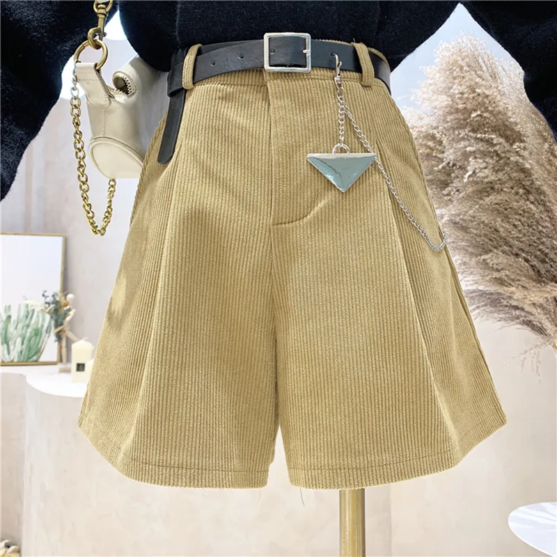 

New Women's Clothing 2021 Autumn High waist corduroy shorts ersion loose and thin casual Tooling wide leg pants with belt