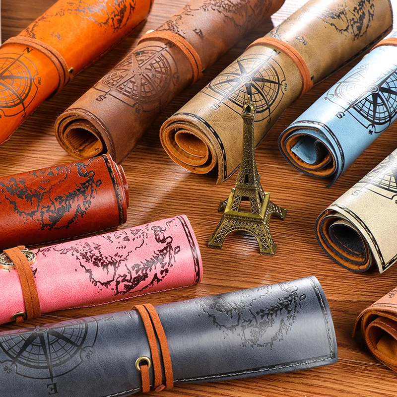 

Vintage Treasure Map Roll Pencil Case Kawaii Leather Pen Bag Pencil Box Cosmetic Bags For Kids Korean Stationery School Supplies
