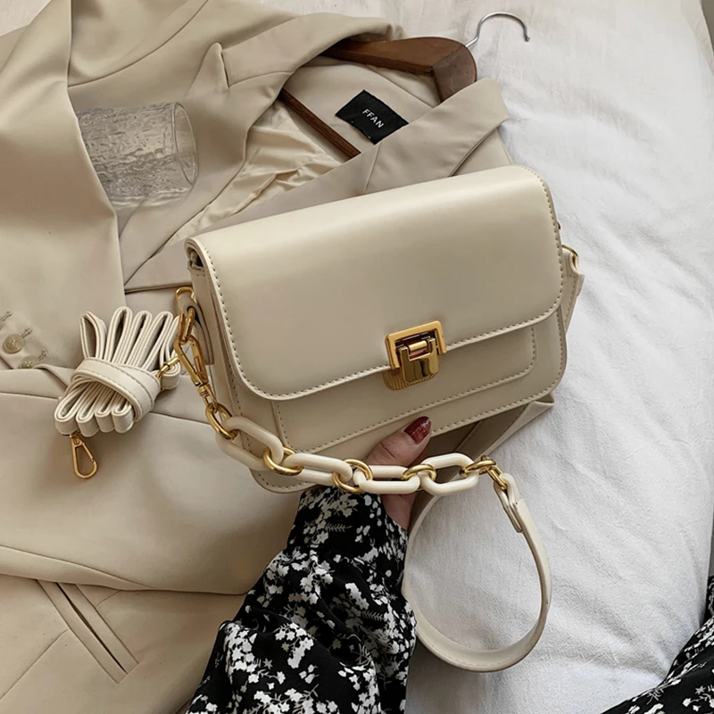 

Classic Chain Strap Shoulder Bags For Women Unqiue Design Lock Flap Female Clutch Ladies Crossbody Bags 2021 Beige White Yellow