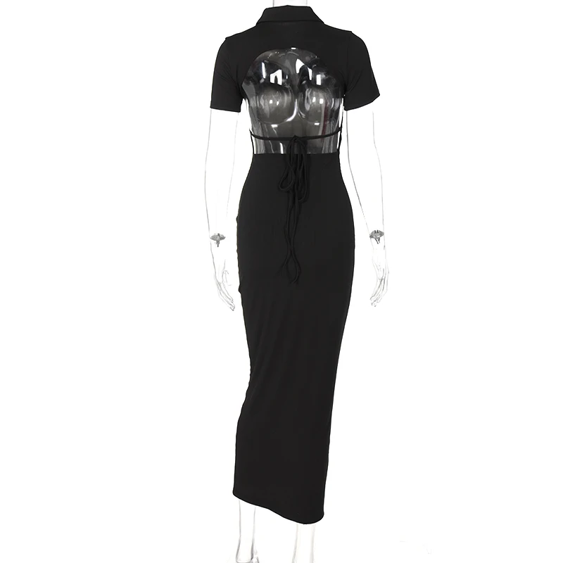 Женское длинное платье в рубчик с отложным воротником и коротким рукавом |