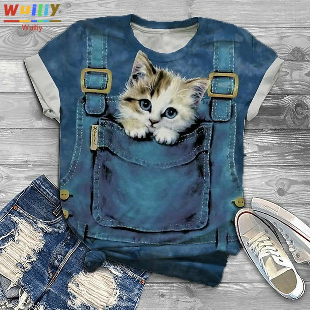 

Футболка с рисунком кошки для женщин, футболка с 3d-рисунком животного, хлопковая рубашка с карманами для домашних животных, топ с милыми кошками для девочек, милая Повседневная футболка