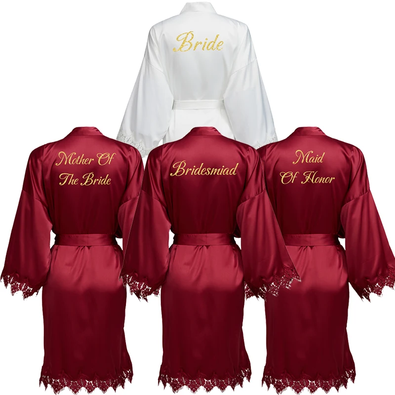 

bride robe Burgundy New Matt Satin Lace Robe with Trim Gown Bridal Wedding Bride Robes Bridesmaid Kimono Robe Bridal Robes